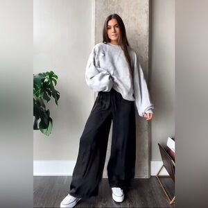 Athleta Satin wide leg Black Maxi pants trouser stretch waist w pockets